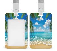 Hawaiian Beach Badge Holder Waterproof Plastic ID Card Badge Holders with Lanyard Vertical Card Case Protector Pouch Clear Window Work Badges for Women Men
