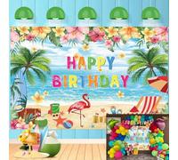 Hawaiian Beach Birthday Backdrop Summer Tropical Flamingo Ocean Photography Background Aloha Luau Themed Happy Birthday Party Decorastions Background (8X6FT (240x180cm))