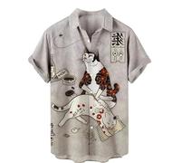 Hawaiian Beach Shirt Men Japanese Style Cat Pattern Print Short Sleeve Button Down Lapel Shirts Cartoon Anime Cat 3D Digital Printing Quick Dry Blouse