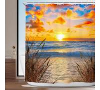 Hawaiian Beach Sunrise Sunset Coastal Scene Polyester Shower Curtain Vibrant Ocean View with Palm Trees, Waves, and Sand Dunes, Machine Washable, Includes Hooks, Ideal for Bathroom Decor71x71 Inches