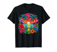 Hawaiian Beach Sunset Tropical Hibiscus Palm Trees T-Shirt