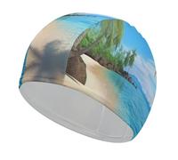 Hawaiian Beach with Palm Trees Bathing Cap High Elasticity Swimming Caps Fit Both Long Hair Short Hair Comfortable Large Shower Cap for Drag Reduction and Hair Protection