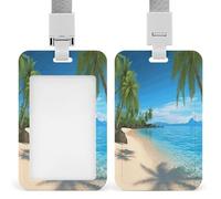 Hawaiian Beach with Palm Trees ID Badge Holder Waterproof Card Protector Push-Pull Slot Work ID Card Holder with Lanyard Personalized Detachable Card Holders for Office Corporate Use