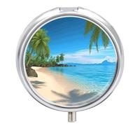 Hawaiian Beach with Palm Trees Pill Box Small Round Pill Case Portable Travel Pill Container Multi-Functional Moisture Proof Metal Medicine Pill Organizer Box for Vitamins Fish Oil