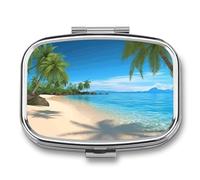 Hawaiian Beach with Palm Trees Pill Organizer with 2 Compartments Metal Square Pill Case Small Pill Box Portable Medicine Box Slim Travel Pill Container Medicine Organizer for Daily Use
