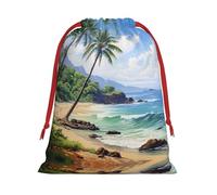 Hawaiian Beach with Palm Trees Print Drawstring Present Bag Wrapping Reusable Bag Present Wrap Bags for Christmas