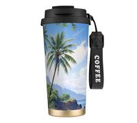 Hawaiian Beach With Palm Trees Print Stainless Steel Insulated Travel Coffee Mug, Camping Mug,Coffee Tumbler For Men Women