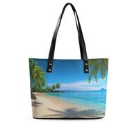Hawaiian Beach With Palm Trees Tote Bag Large Soft Leather Purse with Zipper Lightweight Ladies Shoulder Handbag