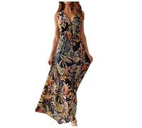Hawaiian Boho Dresses for Women UK Tank Dress Sleeveless Long Dress Swing Casual Dress High Waist V Neck Backless Strappy Long Dress Party Wedding Guest Dress Beach Dress Maxi Dress Black