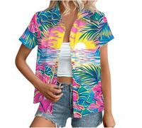 Hawaiian Button Down Shirts Women Sale,Summer Floral Printed Short Sleeve Blouses 2025 Trendy Loose Lapel Soft Cool Beach Vacation Tops Boho Going Out Tunic Tees Pullovers Plus Size S-XXL