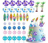 Hawaiian Cake Toppers Beach Surfboard Cake Decorations Summer Themed Tropical Flowers Surfing Cakes Topper Pink Blue Balls Cupcake Topper for Summer Haiwaii Beach Aloha Birthday Baby Shower Party