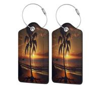 Hawaiian Coast Plam Tree Hawaiian Coast Plam Tree 2 Pcs Cute Leather Luggage tag, with Stainless Steel Loop and Address Card for Women Men Travel