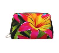 Hawaiian Colorful Flower Makeup Bag for Women Cosmetic Bags Leather Travel Makeup Case Organizer Waterproof Make up Pouch Open Flat Toiletry Bag Portable Storage Pouch for Travelling, Gold, One Size