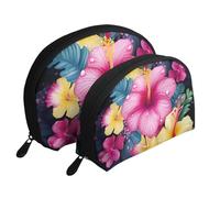 Hawaiian Colorful Flower Portable Shell Cosmetic Bag Set - Travel Makeup Organiser with Zipper & Inner Compartments