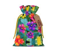 Hawaiian Colorful Flower Print Christmas Gift Bag, Drawstring Christmas Bags Reusable Gift Bags With Name Tags
