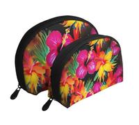 Hawaiian Colorful Flower Print Shell-Shaped 2-Piece Makeup Bag Set Travel Cosmetic Organiser Stylish Storage for Beauty & Gifts for Women Girls