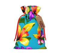 Hawaiian Colorful Flowers Print Christmas Gift Bag, Drawstring Christmas Bags Reusable Gift Bags With Name Tags