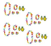 Hawaiian Fancy Dress Set | 5-Piece Tropical Party Accessories | Pineapple Sunglasses & Multi-Coloured Flower Lei Garland | Beach, Luau & Summer Theme Costume (4 Sets)
