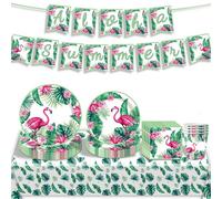 Hawaiian Flamingo Palm Leaves Party Tableware Aloha Party Supplies, Hawaiian Party's Dinnerware Flamingo Theme Banner, Paper Plate,Napkins,Cup for Summer Tropical Aloha Table Decoration 10 Guests (52)