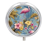 Hawaiian Flamingos Palms Small Pill Organizer with 3 Compartments Travel Medicine Case Portable Round Vitamin Storage Box