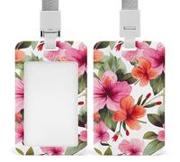 Hawaiian Flower Badge Holder Vertical Name Tag Holder Waterproof ID Protector Cover with Durable Detachable Lanyard for Office Factory Teachers