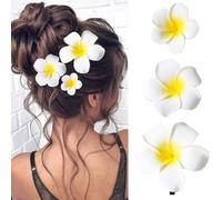 Hawaiian Flower Hair Clips,Artificial Tropical Flower Hairpins,3pcs Foam Plumeria Clips for Women Girls White Yellow Floral Hairpins for Bridal Wedding Party Beach Vacation Hair Accessories