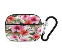 Hawaiian Flower Print Airpod Pro Case AirPods 2 Case for Women Hard Shell Protective Cover with Carabiner Keychain Compatible with AirPods Case 2nd 1st Generation, Front LED Visible Black