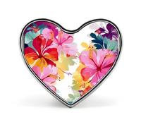 Hawaiian Flower Print Badges Heart with Button Design, Personalized Picture Pin Brooches, Heart Badge Holders for Decorate Hat Shirt Clothing Bag Accessories