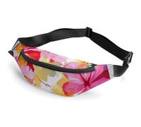 Hawaiian Flower Print Fanny Packs with Zipper, Personalized Waist Bags with Multiple Pockets, Adjustable Sling Bag for Travel, Waterproof Belt Bag, Crossbody Bags for Unisex