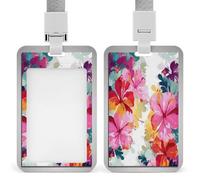 Hawaiian Flower Print ID Badge Holder Waterproof Card Protector Push-Pull Slot Work ID Card Holder with Lanyard Personalized Detachable Card Holders for Office Corporate Use