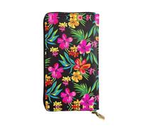 Hawaiian Flower Print Leather Long Clutch Wallet – Fashionable Personalized Wallet, Multiple Card Slots, Gift Ready, Black, One Size