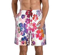 Hawaiian Flower Print Mens Swim Trunks Quick Dry Beach Shorts for Men Bathing Suits Beach Wear Mens Swim Shorts with Liner White
