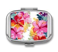 Hawaiian Flower Print Pill Box 2 Compartments Portable Travel Pill Case Mini Medicine Organizer for Pocket Purse Metal Waterproof Medicine Container Holder Vitamin Fish Oil