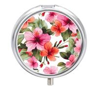 Hawaiian Flower Print Pill Box 3 Compartment Small Pill Case with Mirror for Purse & Pocket Travel Medicine Organizer Daily Medication Container Portable Pillbox Metal Medicine Box Round Meds Case
