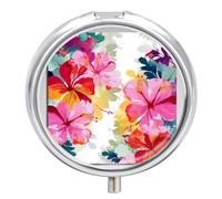 Hawaiian Flower Print Pill Box Medicine Pill Organizer 3 Compartment Daily Pill Case Small Pill Container Round Pill Holder Travel Pill Box Metal Pill Case for Purse Pocket