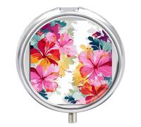 Hawaiian Flower Print Pill Box Small Round Pill Case Portable Travel Pill Container Multi-Functional Moisture Proof Metal Medicine Pill Organizer Box for Vitamins Fish Oil