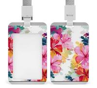 Hawaiian Flower Print Sliding Id Badge Holder Heavy Duty Waterproof Badge Clip Plastic Key Card Work Holder Case Vertical Sleeve Pocket for Teacher Student