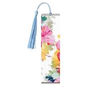 Hawaiian Flower Print Wooden Bookmarks 5 Pcs,Handmade Double-Sided Printed Book Marks Page Markers with Sky Blue Tassels Book Accessories Gift for Book Lovers Women Men