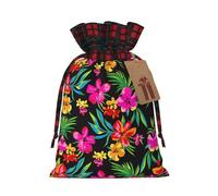 Hawaiian Flower Printed Gift Bags with Drawstring - Christmas Party Holiday Sacks - Festive Pouches for Goodie, Treats