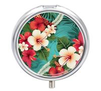 Hawaiian Flowers on Green Background Pill Box,3 Compartments Round Small Pills Case Moisture-Proof Portable Pill Container for Travel Vitamins Fish Oil Supplements