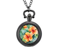 Hawaiian Flowers Watercolor Vintage Pocket Watch with Chain Arabic Numerals Scale Quartz Pocket Watches Gifts for Men Women