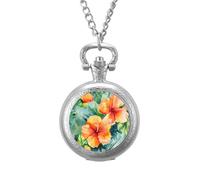 Hawaiian Flowers Watercolor Vintage Pocket Watch with Chain Arabic Numerals Scale Quartz Pocket Watches Gifts for Men Women