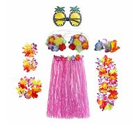 Hawaiian Garlands Hula Costume Accessory Kit - Hula Grass Skirt Lei Flower Lei Luau Garland Pineapple Glasses Necklace Costume Fancy Dress for Women Novelty Luau Skirts Party - 8PCS (Pink)