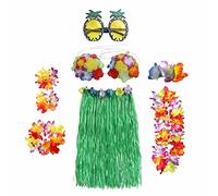 Hawaiian Garlands Hula Costume Accessory Kit - Hula Grass Skirt Lei Flower Lei Luau Garland Pineapple Glasses Necklace Costume Fancy Dress for Women Novelty Luau Skirts Party - 8PCS (Green)