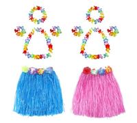 Hawaiian Garlands Hula Grass Skirt Set, Hawaiian Hula Skirt Costume Set Includes Hawaiian Flower Necklace Bracelets Headband 40cm Grass Skirt, Tropical Luau Beach Fancy Dress Party (Pink+Blue)