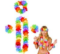 Hawaiian Garlands, Rainbow Hula Lei Flower Garland Party Set, Hawaiian Fancy Dress Necklace Headbands And Wristbands, Beach Party Decorations for Adults Kids, Summer Festivals