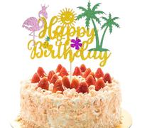Hawaiian Happy Birthday Cake Toppers, Gold Happy Birthday Cake Topper, Tropical Hawaiian Luau Birthdays Decoration for Women, HSC 1PCS Pre-assembled Flamingo Cakes Decor with Glitter Design, 14x9.5cm