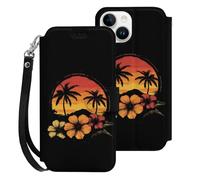 Hawaiian Hibiscus Sunset Palm Tree Printed Wallet Phone Case Slim Cute Cellphone Protective Cover Hanging Rope Unisex Compatible with iPhone 15/15 Plus/15 Pro/15 Pro Max