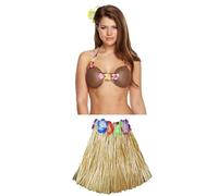 Hawaiian Hula Grass Skirt & Coconut Bra Set - Ladies & Girls Luau Beach Party Fancy Dress Costume (Natural)