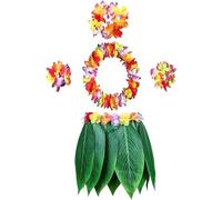 Hawaiian Leaves Hula Skirt-Four-piece set,Leaf Hula Skirt and Hawaiian Leis Set Grass Skirt with Artificial Hibiscus Flowers for Hula Costume
